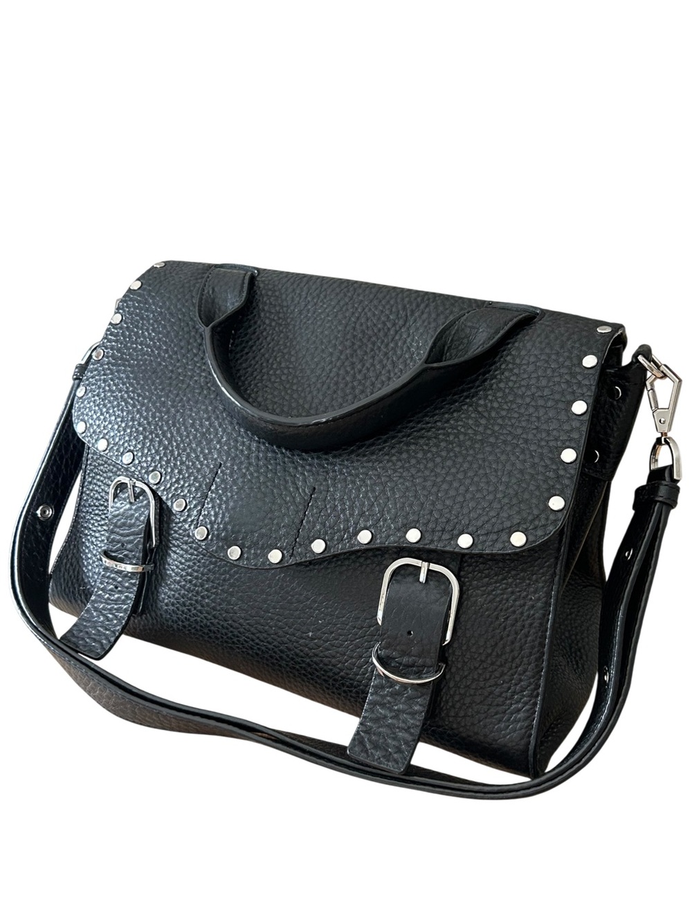Rebecca Minkoff Black Leather Biker Doctor Satchel Handbag With Silver Studs